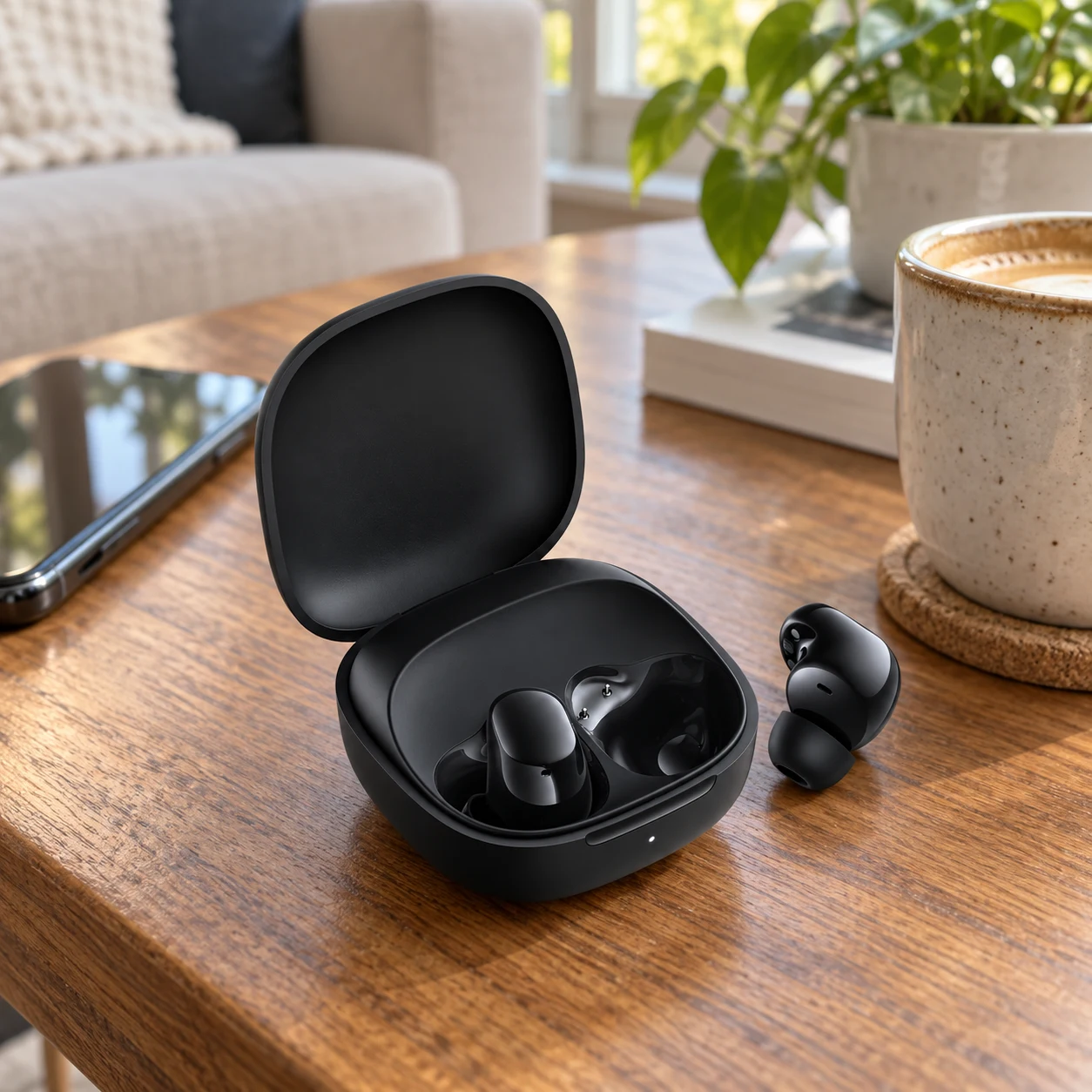 Fones sem fio Redmi Buds 6 Play pretos, dentro e fora do estojo de carga aberto